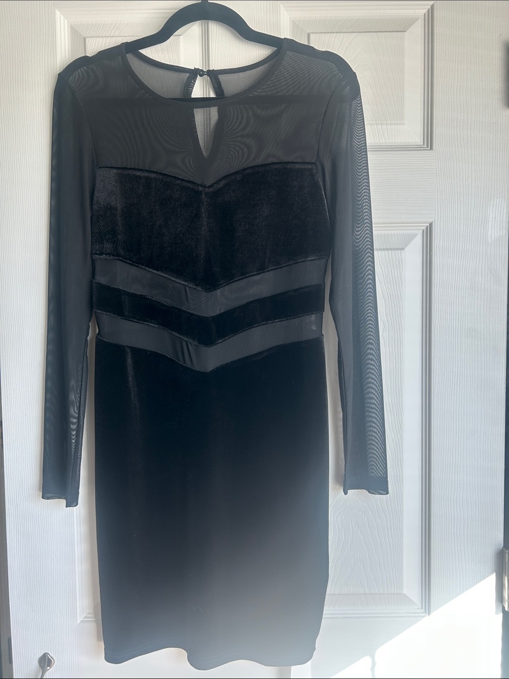 Black Long-Sleeve Velvet & Mesh Sheath Dress